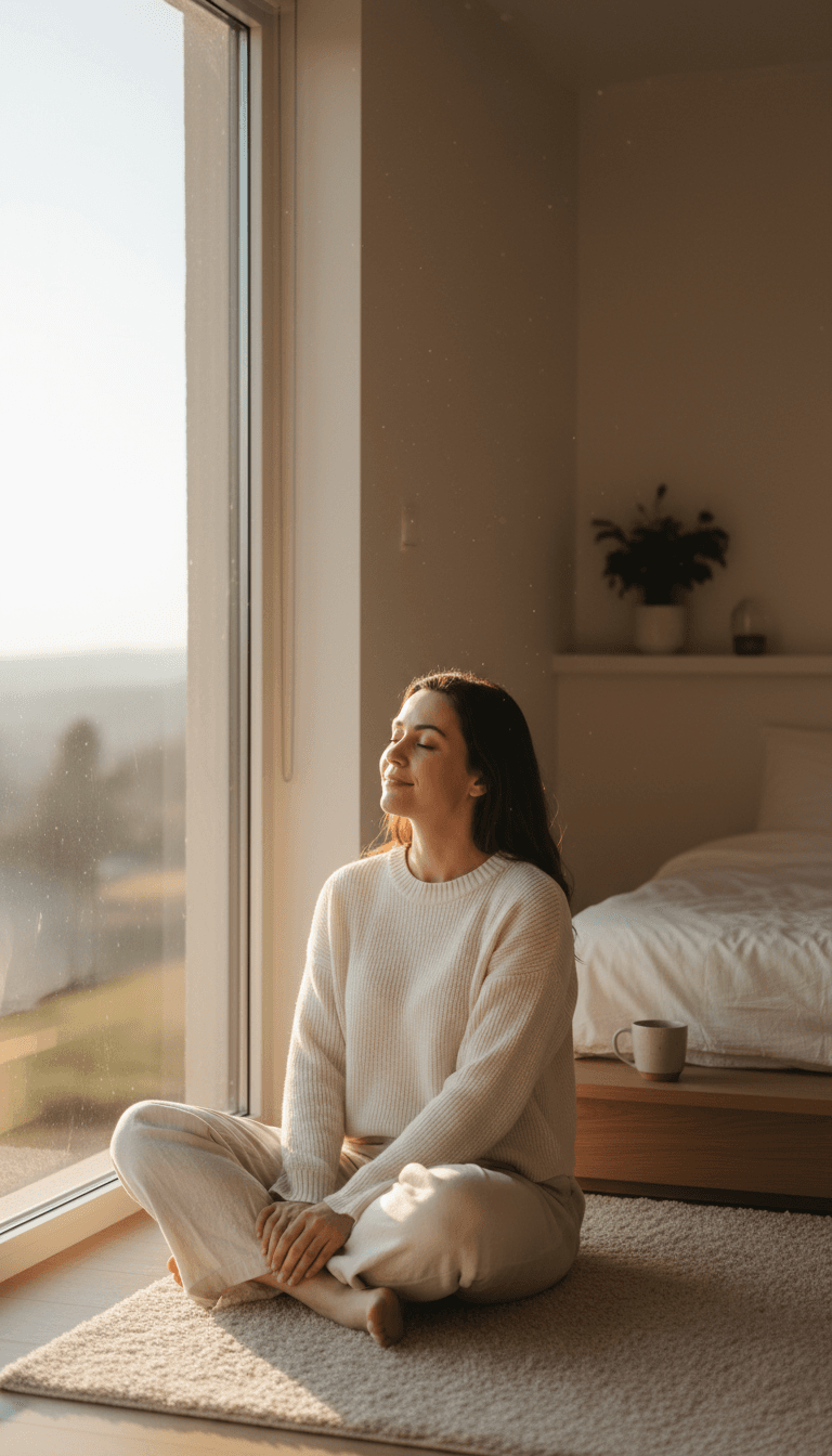 A woman sitting calmly by a window, reflecting on personal growth and wellness