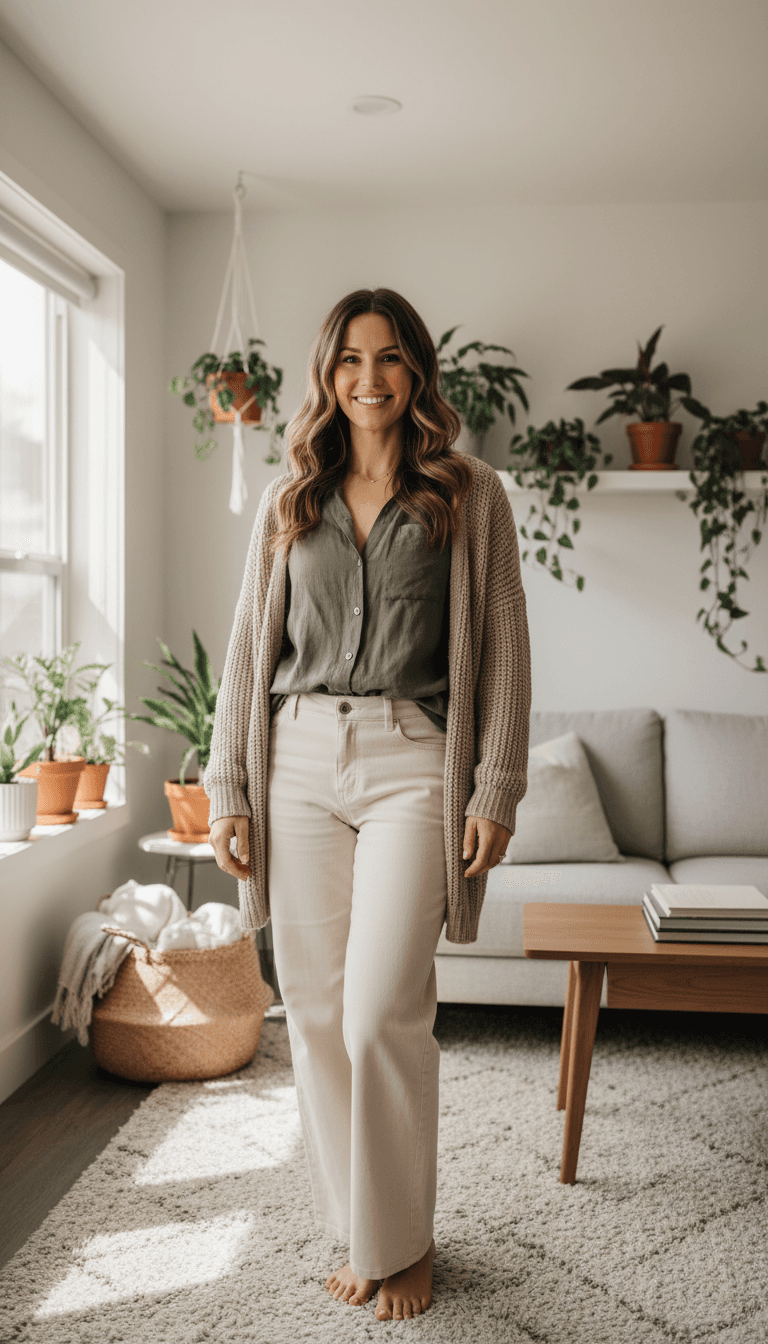 Confident woman standing in plant-filled home space, smiling directly at camera, professional casual attire
