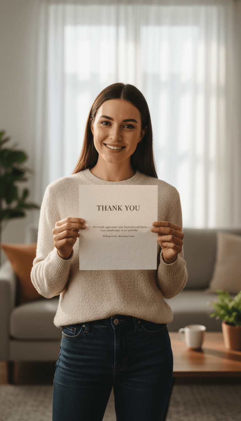 Satisfied customer holding personalized thank-you letter, smiling with relief in natural window light
