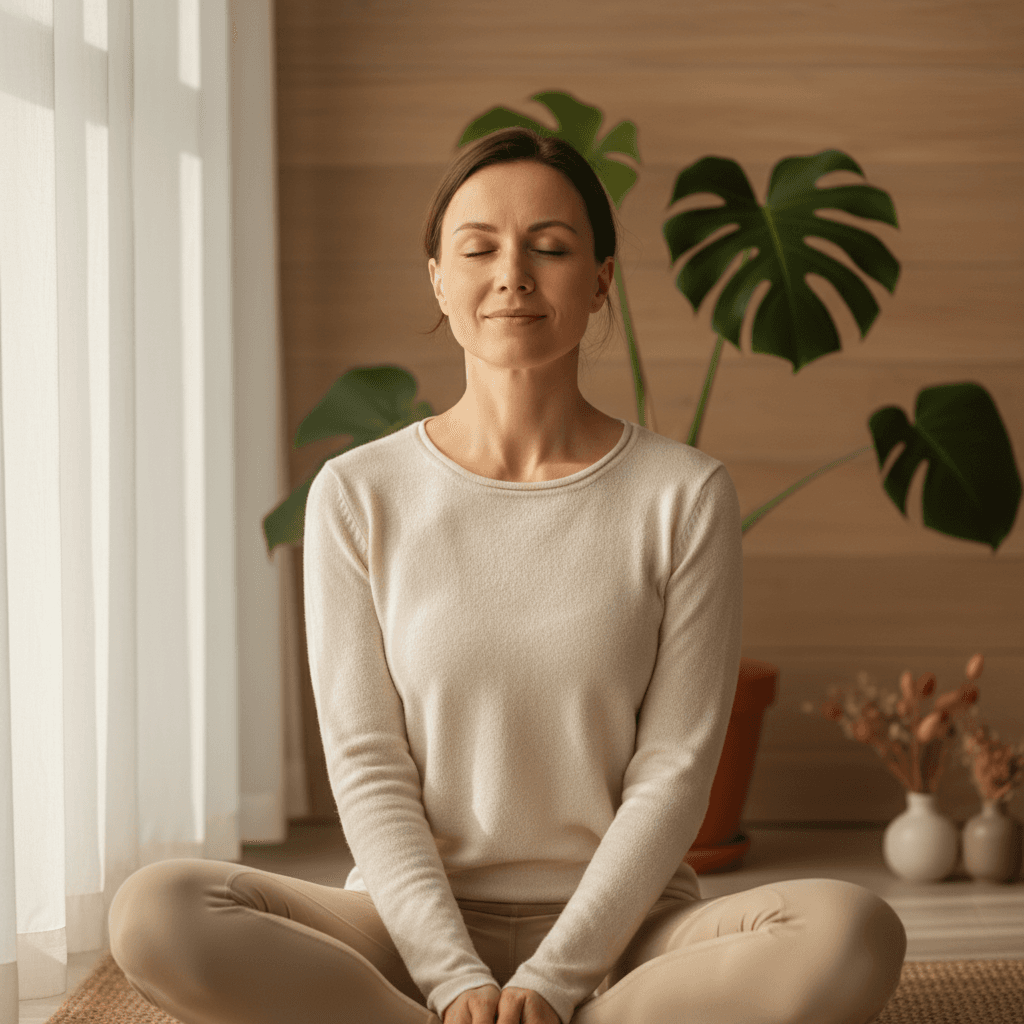 Woman in peaceful meditation during wellness coaching session