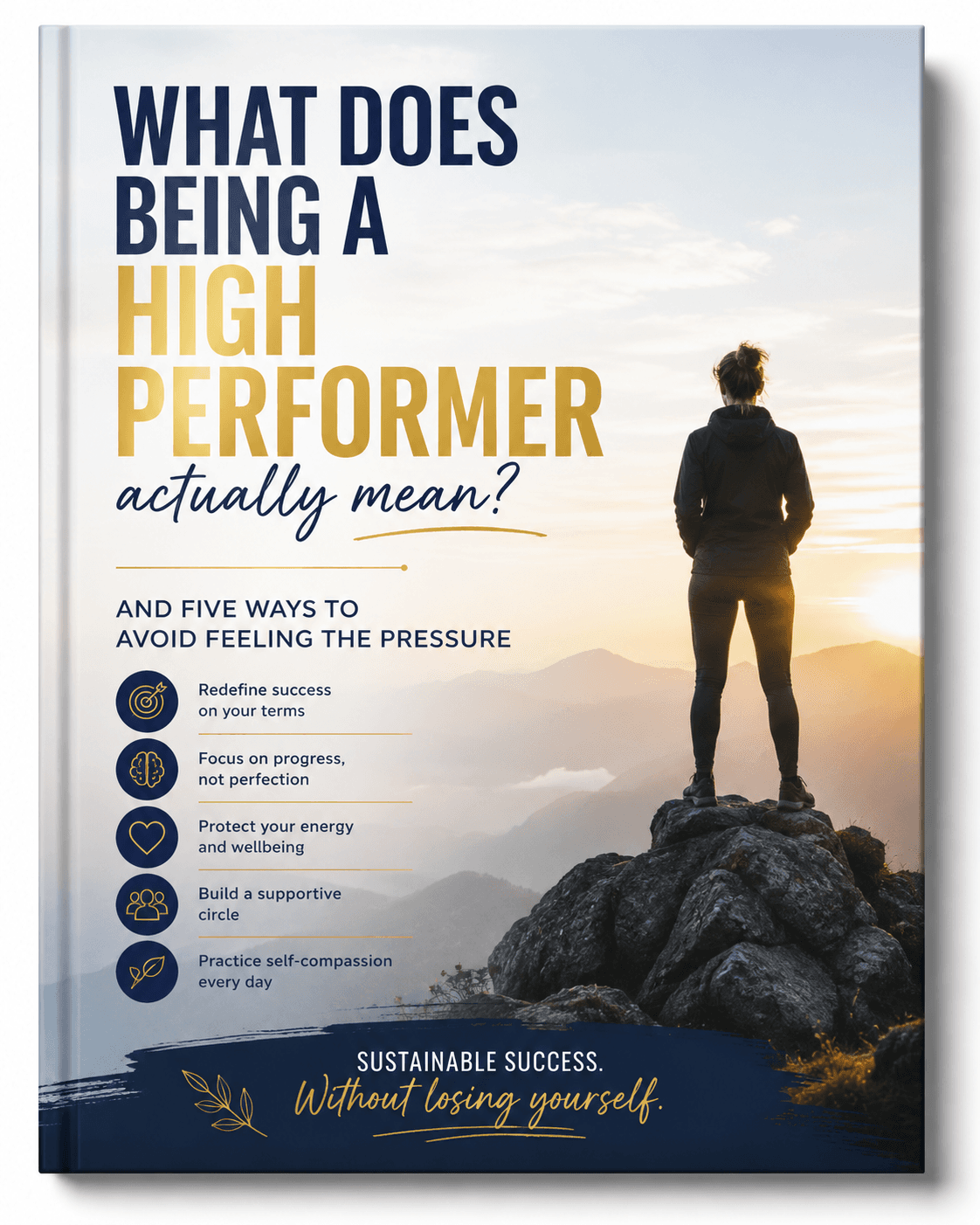"What Does Being a High Performer actually mean?" book cover with woman on mountain peak.