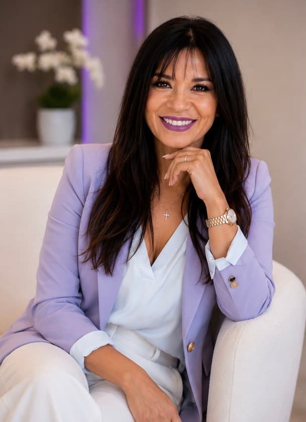 Smiling woman with long dark hair wearing a lavender blazer and white blouse, sitting gracefully.