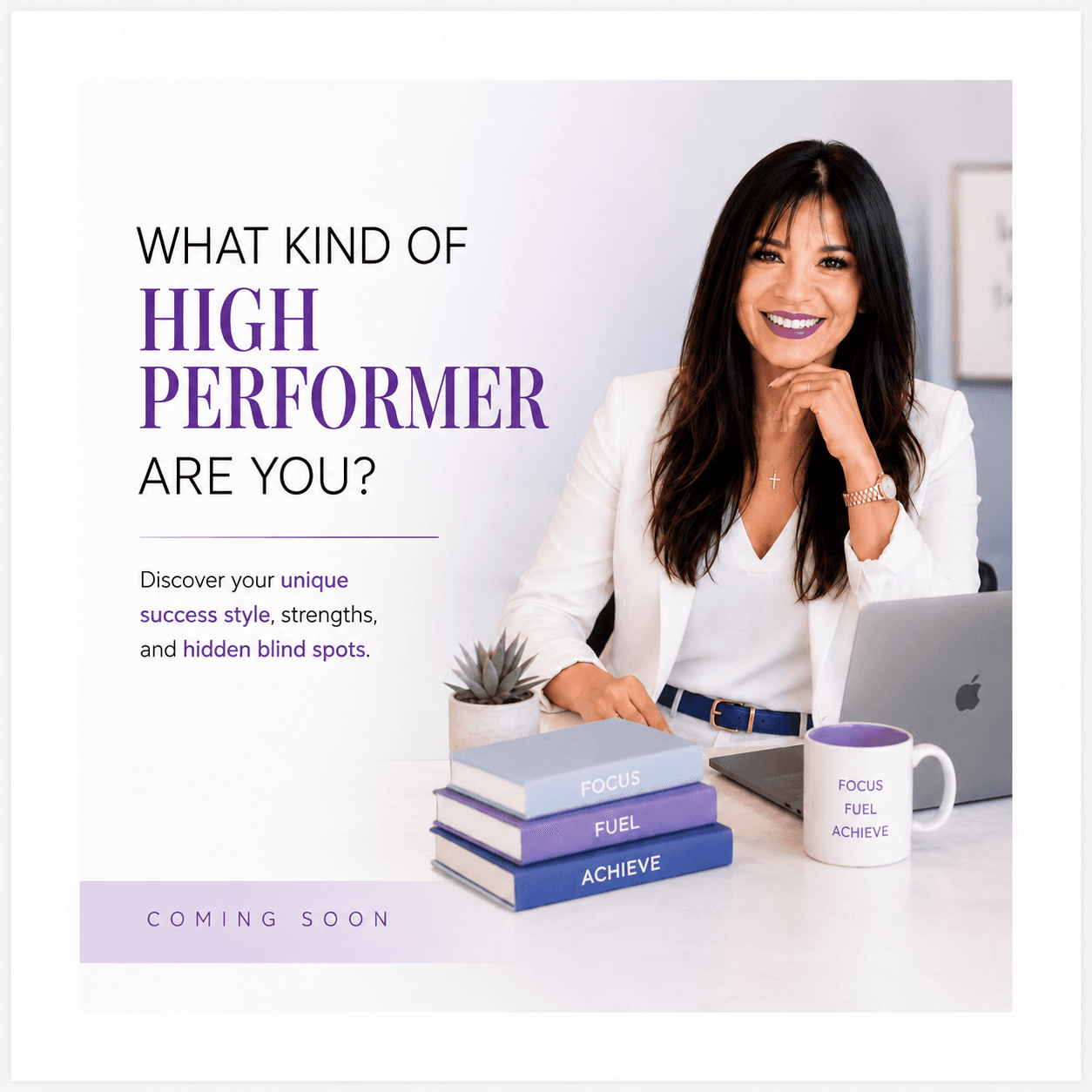 Smiling woman in white blazer at desk with books and 'High Performer' quiz text.