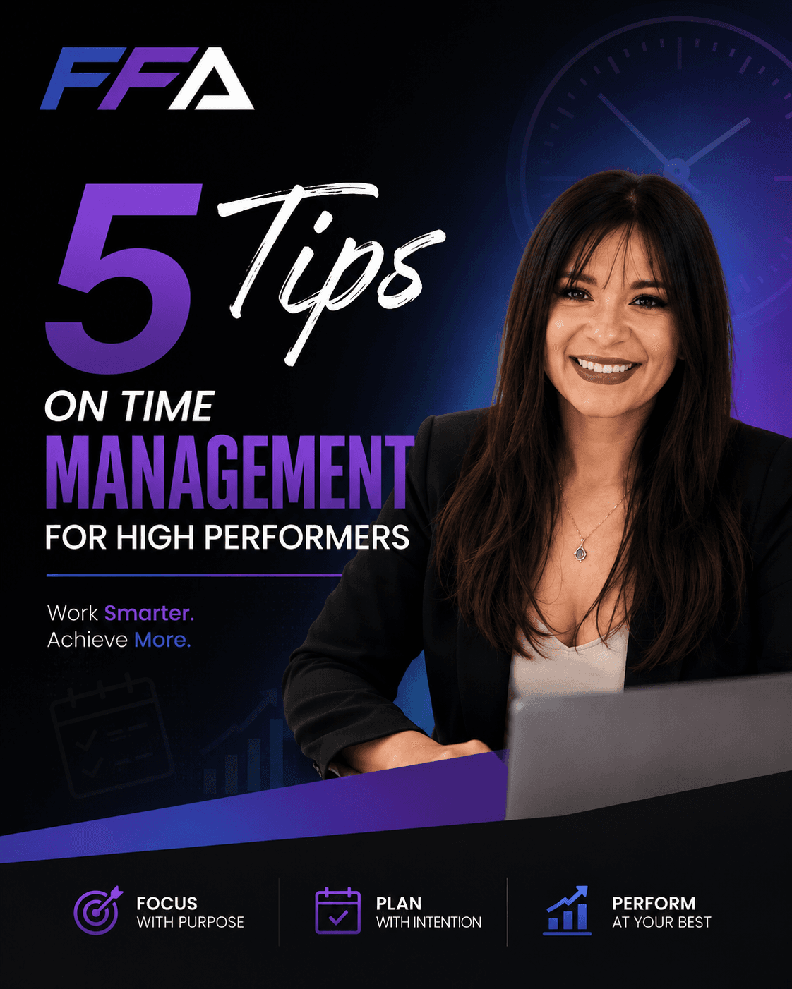 Smiling woman at a laptop with text for five time management tips for high performers.