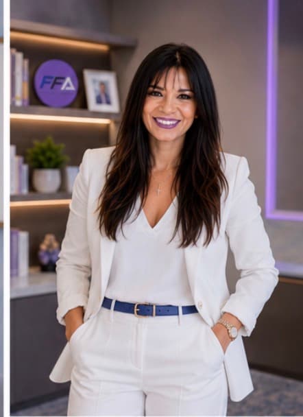 Smiling woman with long dark hair in a white suit and blue belt, professional setting.